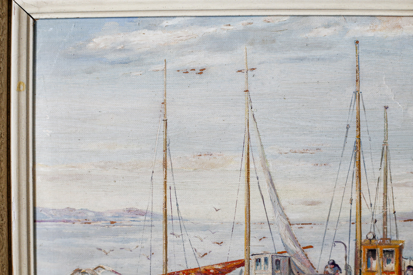 Framed Fishing Boats in Harbor Painting, c1960