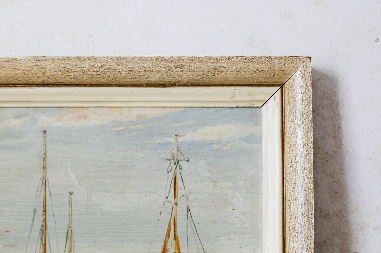Framed Fishing Boats in Harbor Painting, c1960