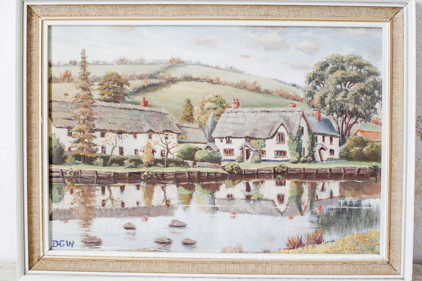 Original Oil Painting of English Thatched Cottages by Dudley Weatherley - Trout Inn, Devon