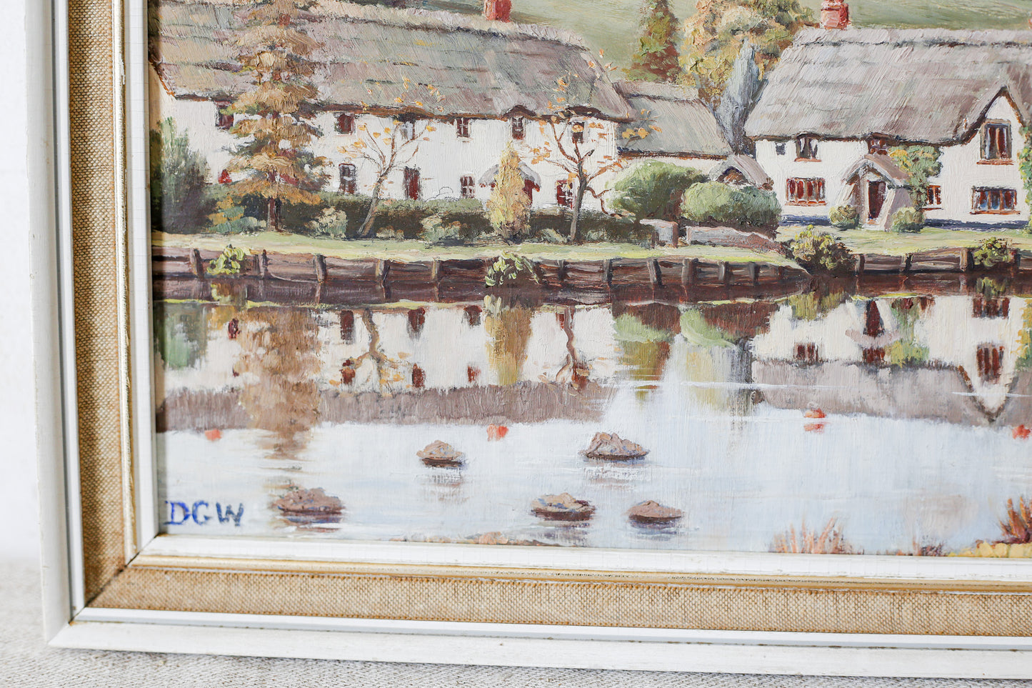 Original Oil Painting of English Thatched Cottages by Dudley Weatherley - Trout Inn, Devon