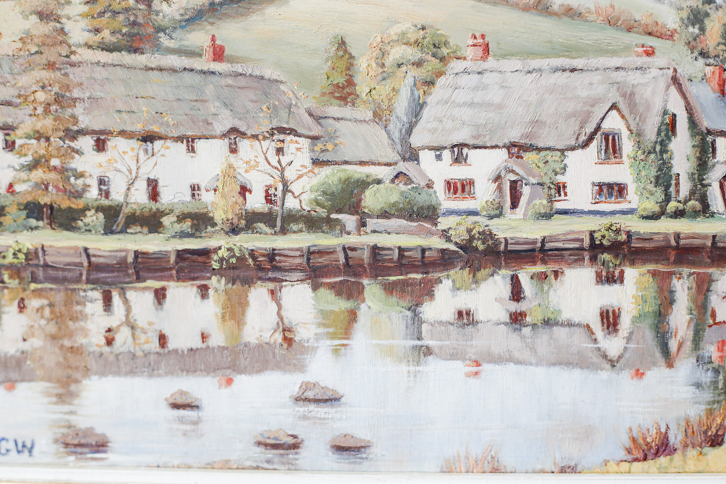 Original Oil Painting of English Thatched Cottages by Dudley Weatherley - Trout Inn, Devon