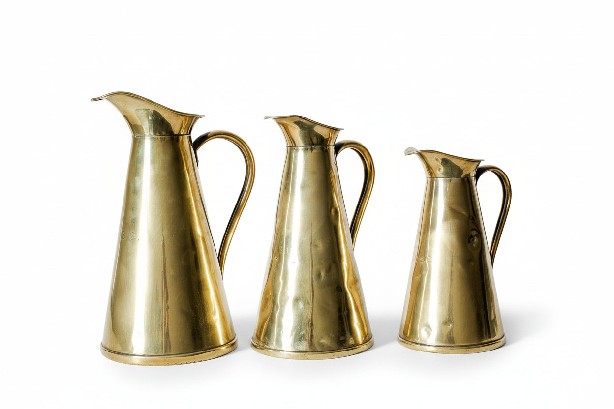 Three brass pitchers of varying sizes on a textured surface with a light background