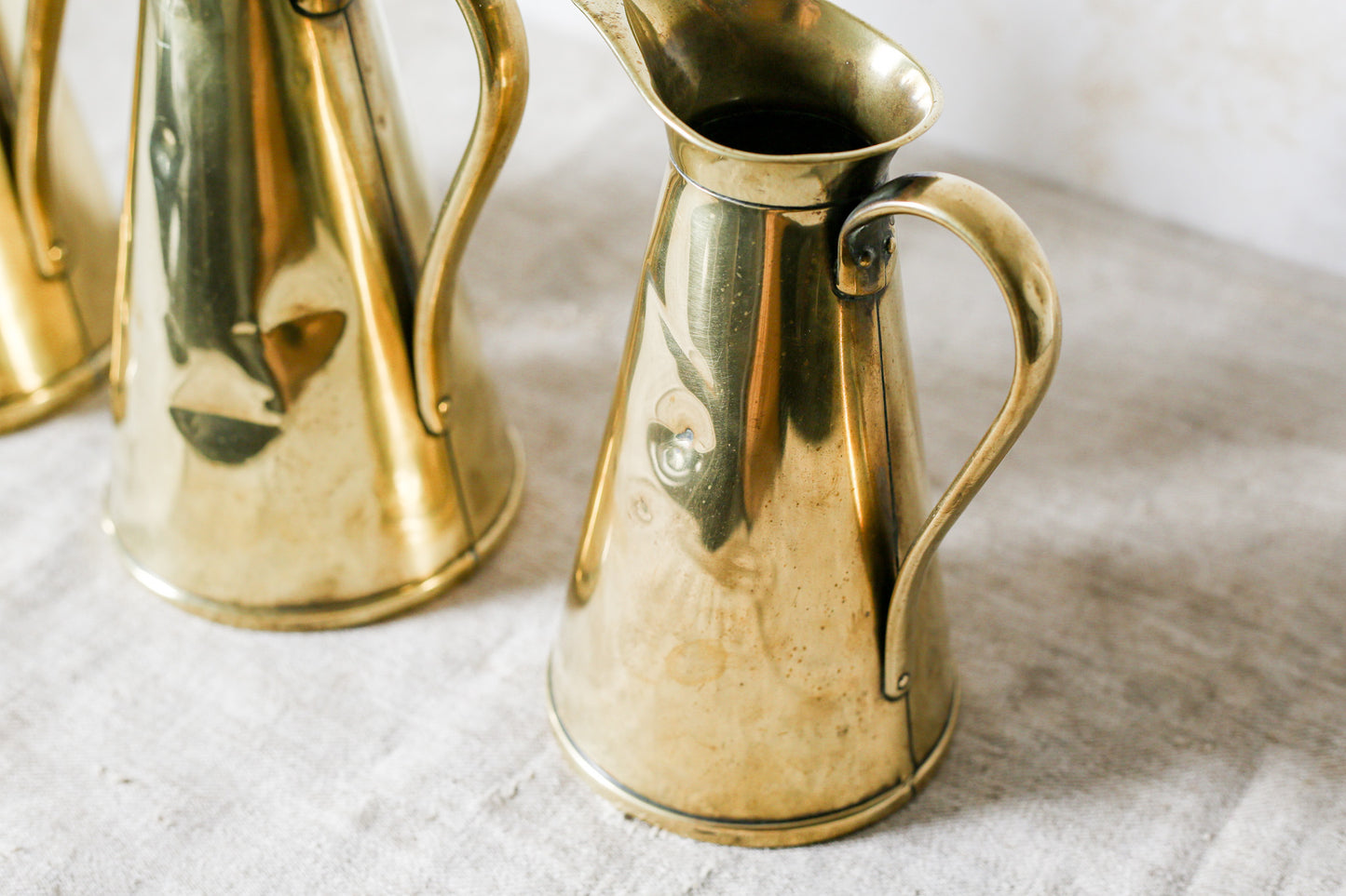Joseph Sankey & Sons Monogrammed Set of 3 Brass Hot Water Jugs, c1900