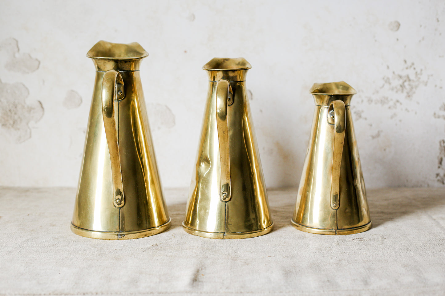 Joseph Sankey & Sons Monogrammed Set of 3 Brass Hot Water Jugs, c1900