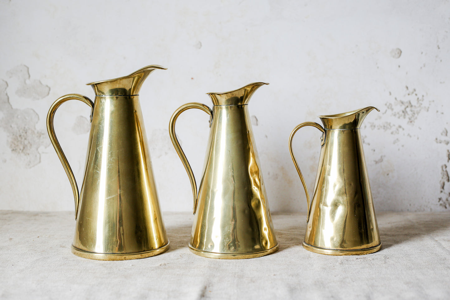 Joseph Sankey & Sons Monogrammed Set of 3 Brass Hot Water Jugs, c1900
