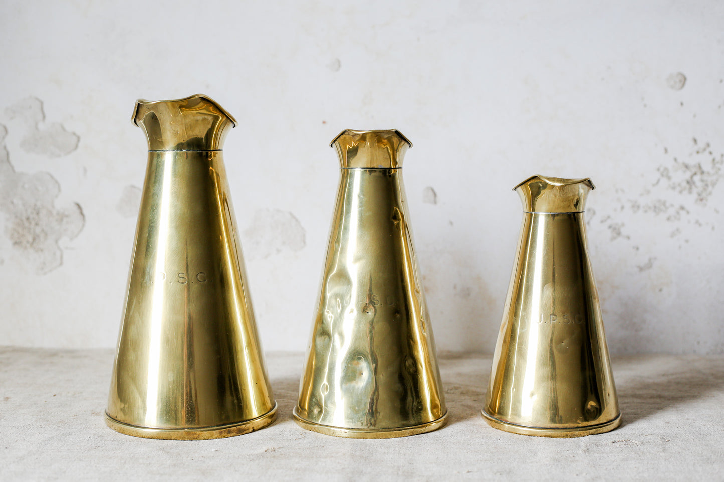 Joseph Sankey & Sons Monogrammed Set of 3 Brass Hot Water Jugs, c1900