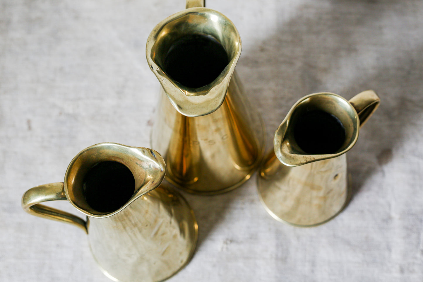 Joseph Sankey & Sons Monogrammed Set of 3 Brass Hot Water Jugs, c1900