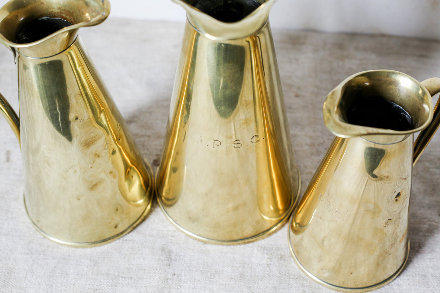 Joseph Sankey & Sons Monogrammed Set of 3 Brass Hot Water Jugs, c1900