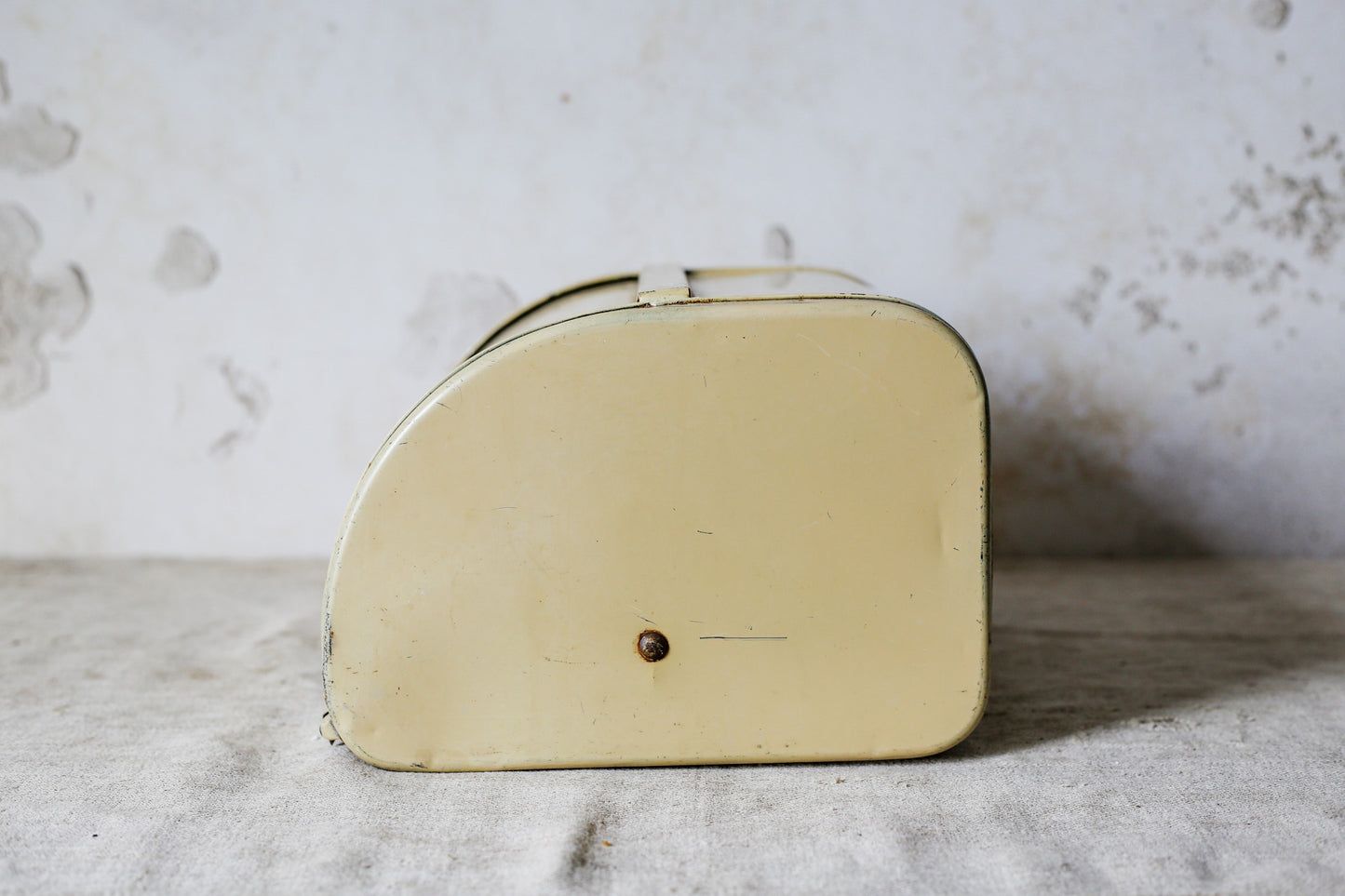 Yellow Metal Roll-Top Cake Countertop Storage Tin, c1940