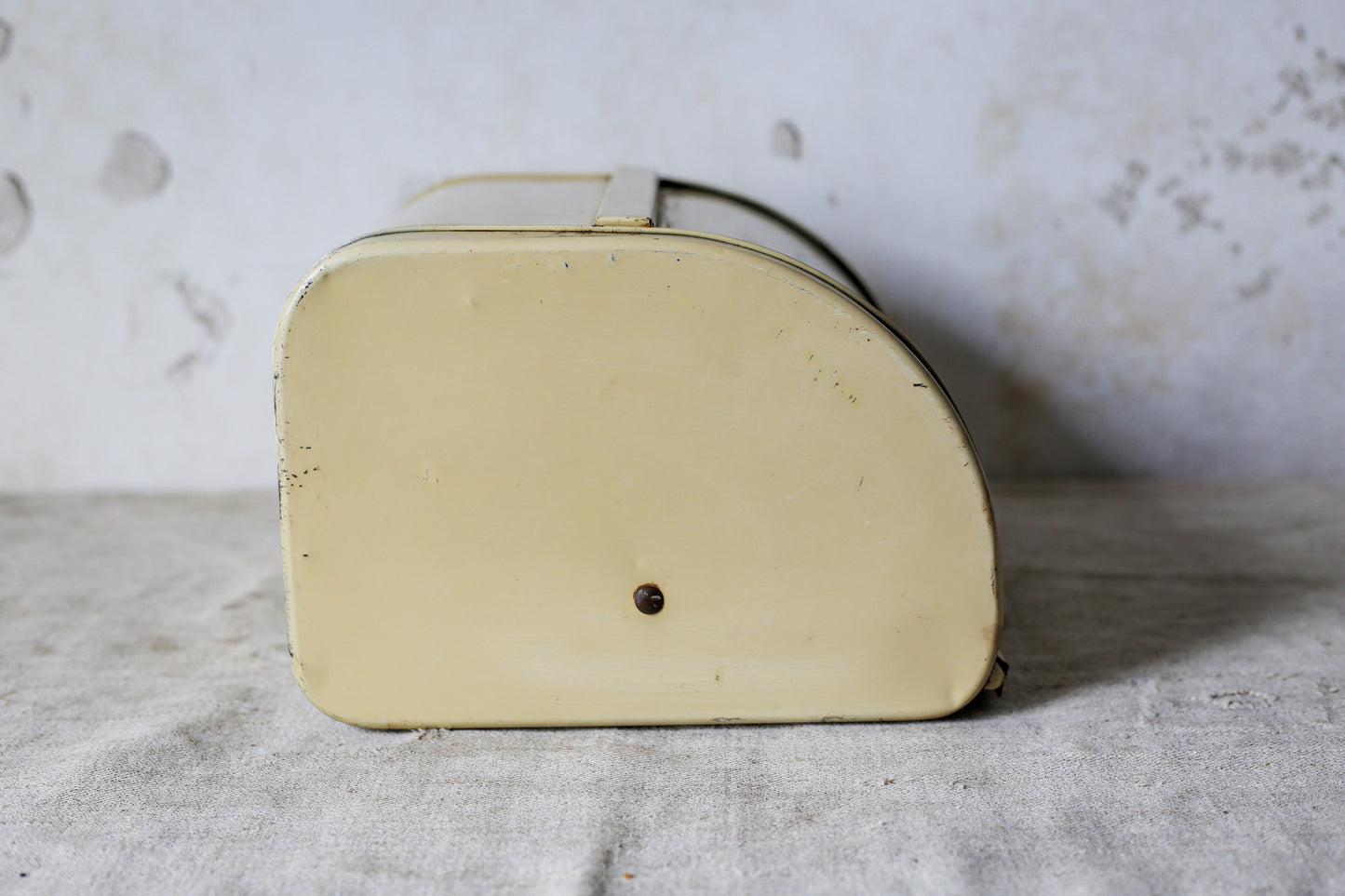 Yellow Metal Roll-Top Cake Countertop Storage Tin, c1940