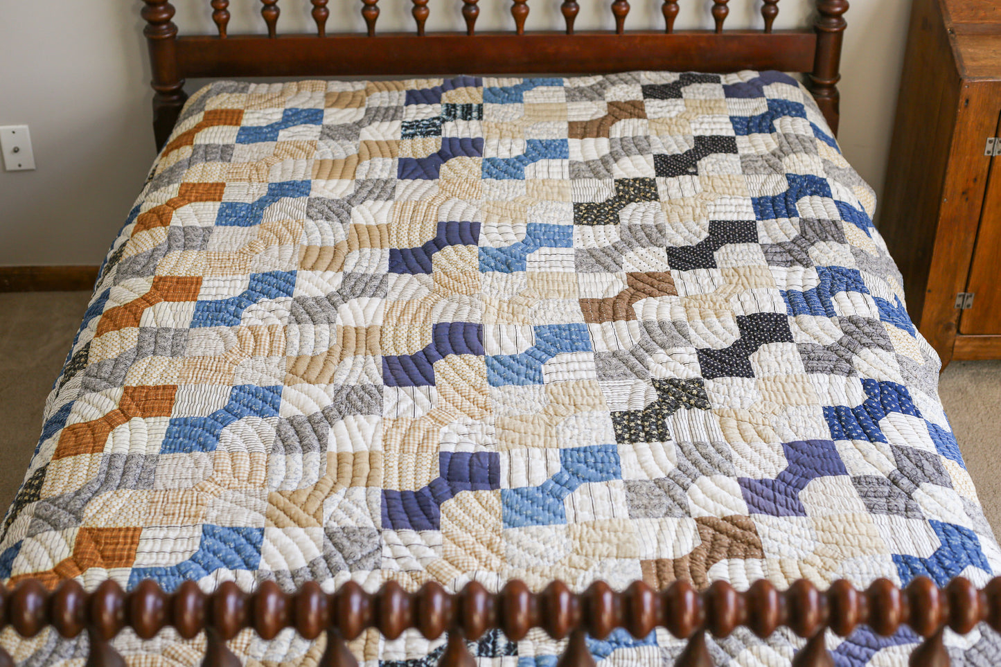 Primitive Blue and Tan Bow Tie Heavyweight Quilt, c1900