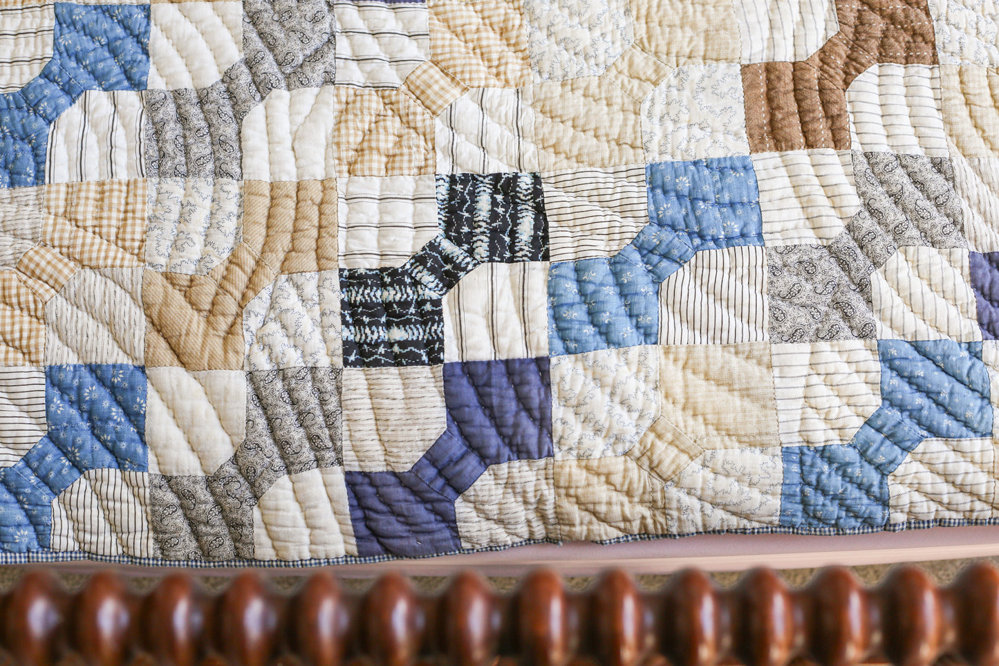 Primitive Blue and Tan Bow Tie Heavyweight Quilt, c1900