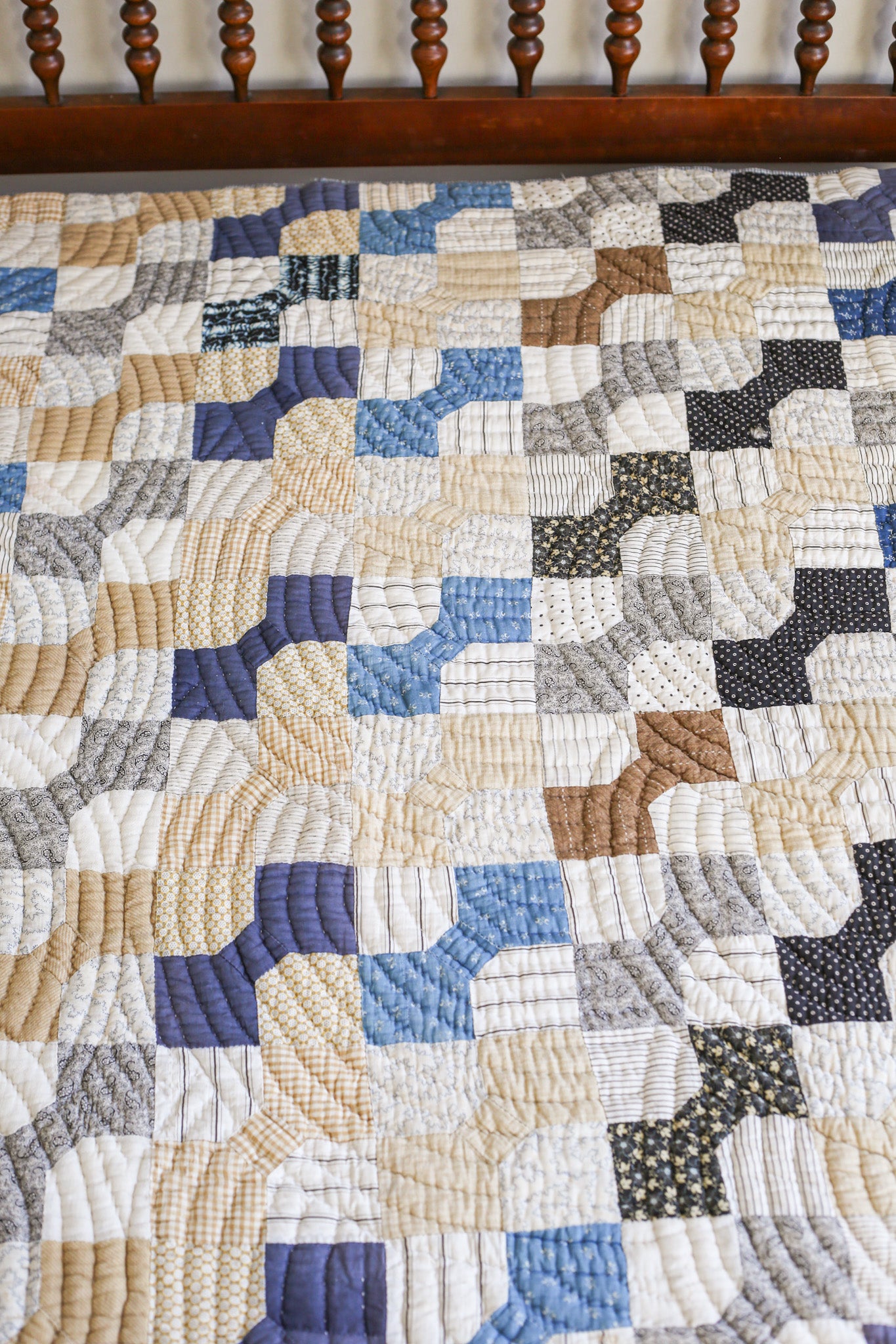 Primitive Blue and Tan Bow Tie Heavyweight Quilt, c1900