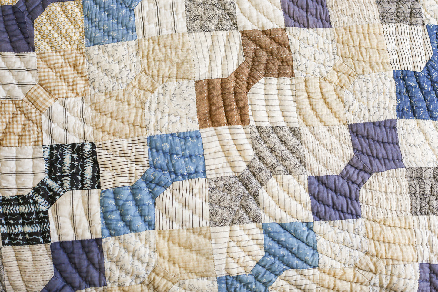 Primitive Blue and Tan Bow Tie Heavyweight Quilt, c1900