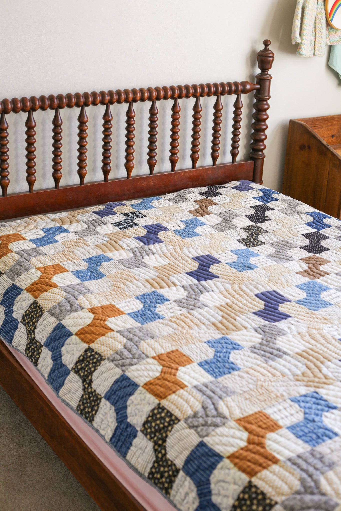 Primitive Blue and Tan Bow Tie Heavyweight Quilt, c1900