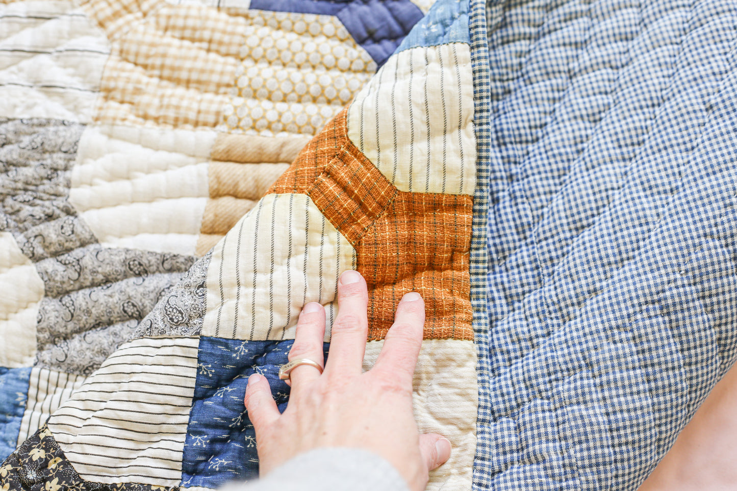 Primitive Blue and Tan Bow Tie Heavyweight Quilt, c1900