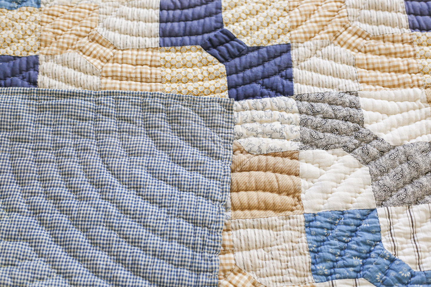 Primitive Blue and Tan Bow Tie Heavyweight Quilt, c1900