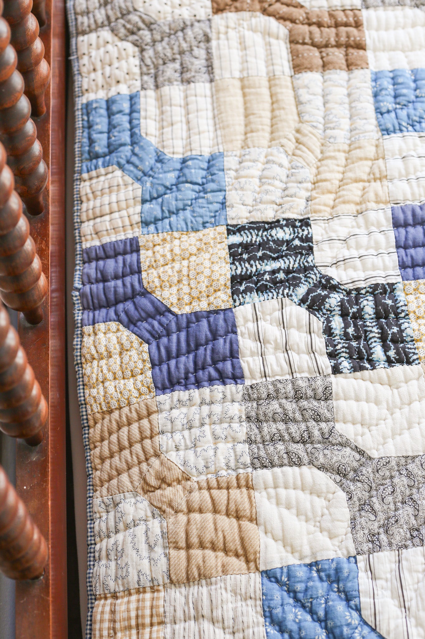 Primitive Blue and Tan Bow Tie Heavyweight Quilt, c1900