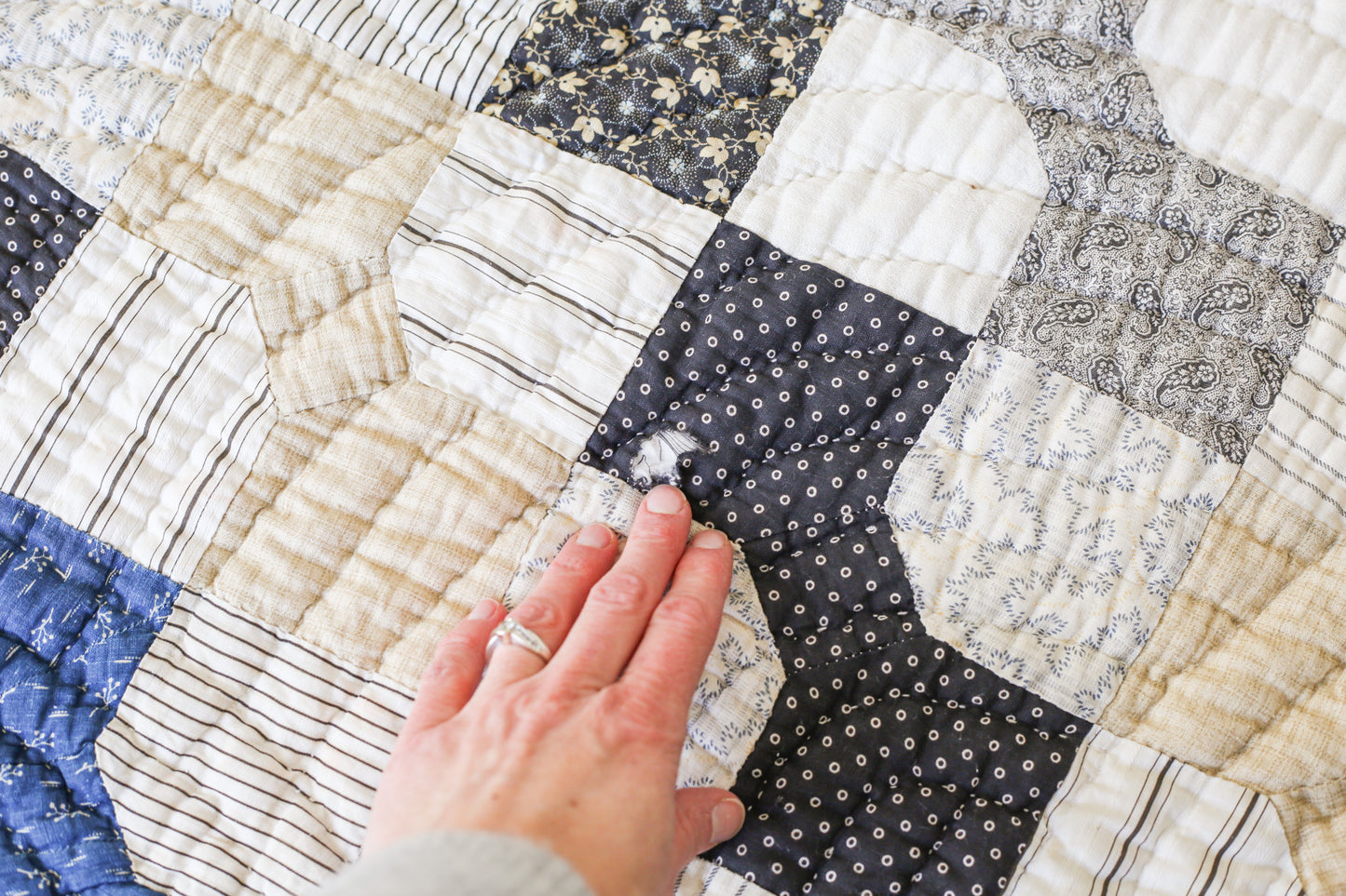 Primitive Blue and Tan Bow Tie Heavyweight Quilt, c1900