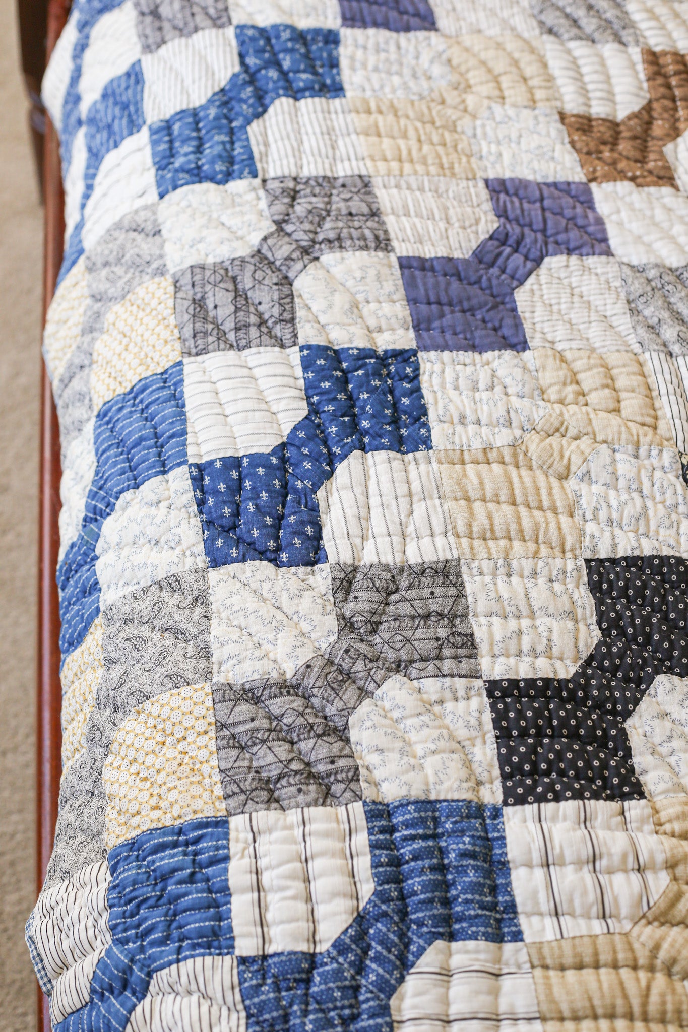 Primitive Blue and Tan Bow Tie Heavyweight Quilt, c1900