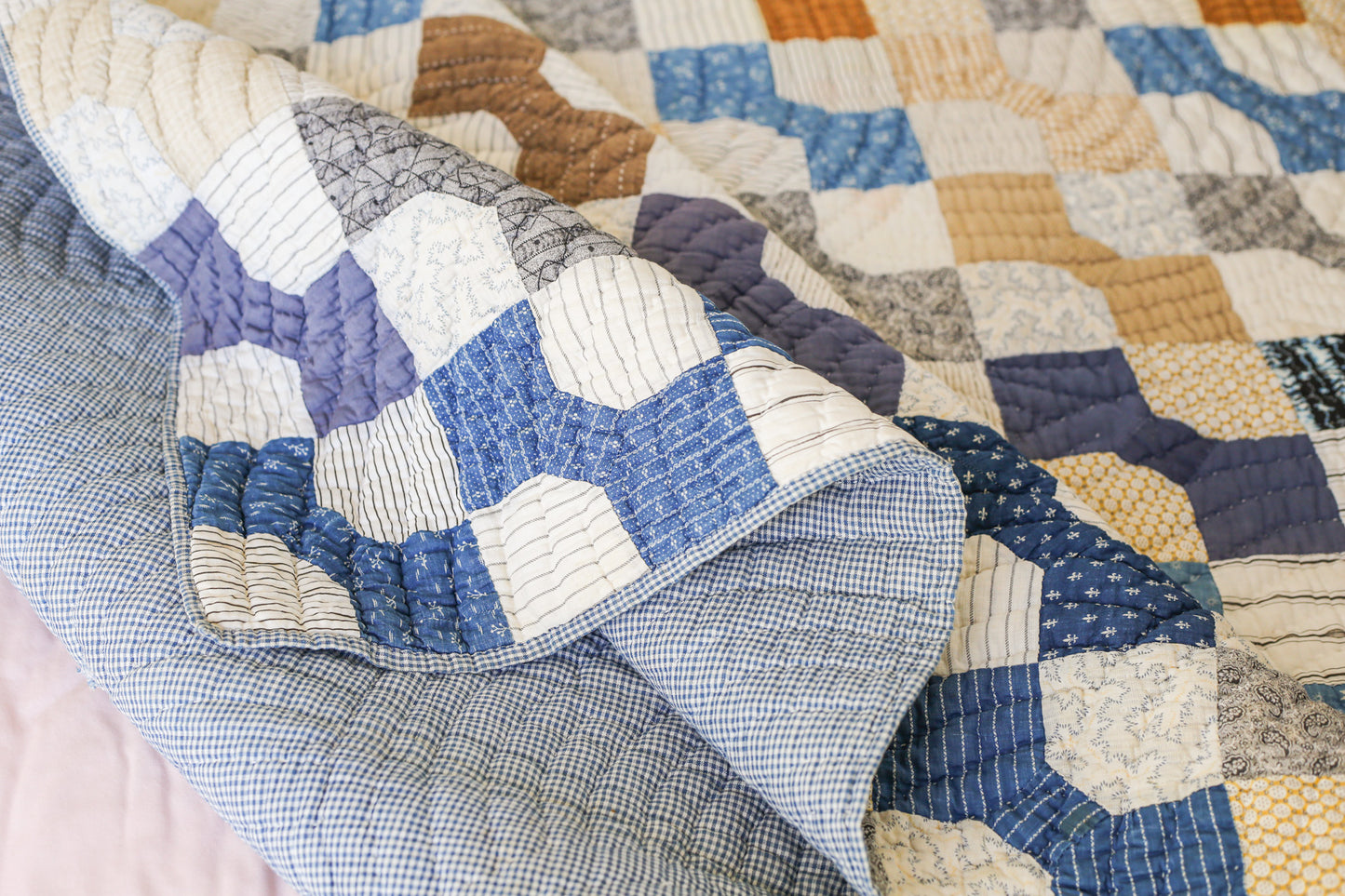 Primitive Blue and Tan Bow Tie Heavyweight Quilt, c1900