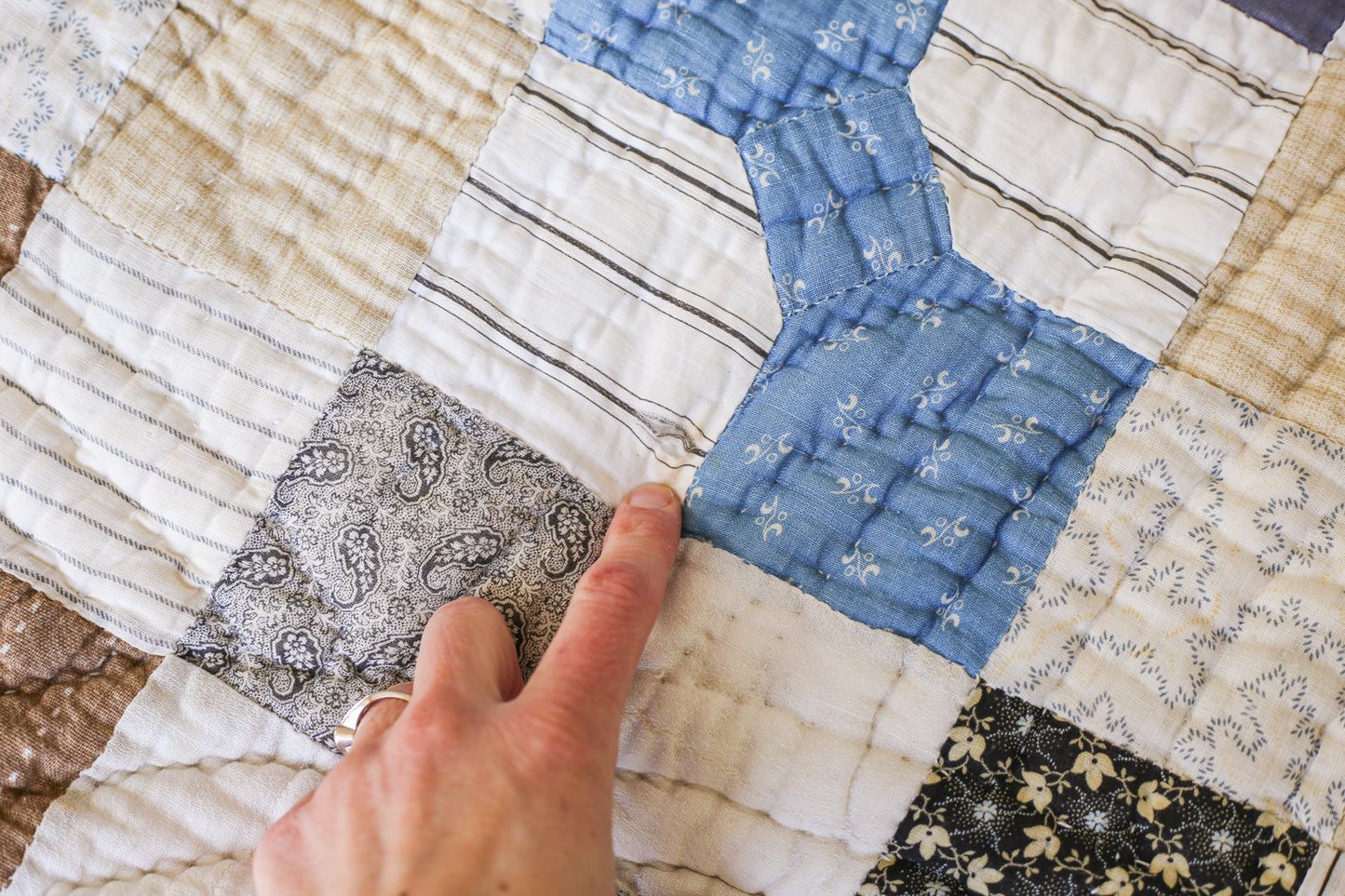 Primitive Blue and Tan Bow Tie Heavyweight Quilt, c1900