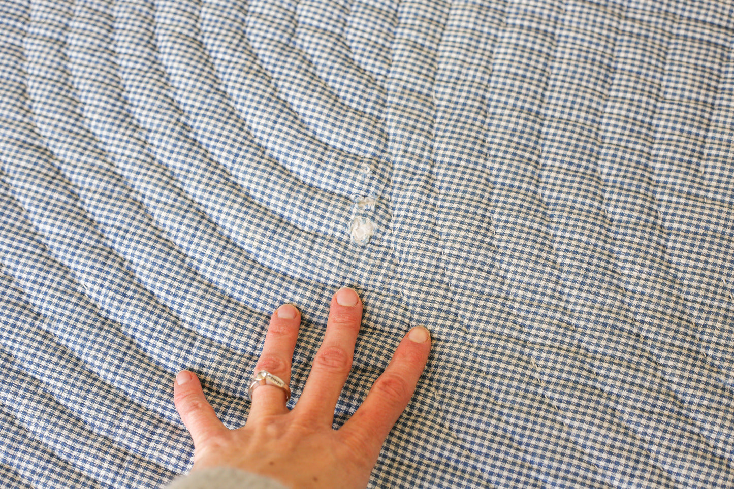 Primitive Blue and Tan Bow Tie Heavyweight Quilt, c1900