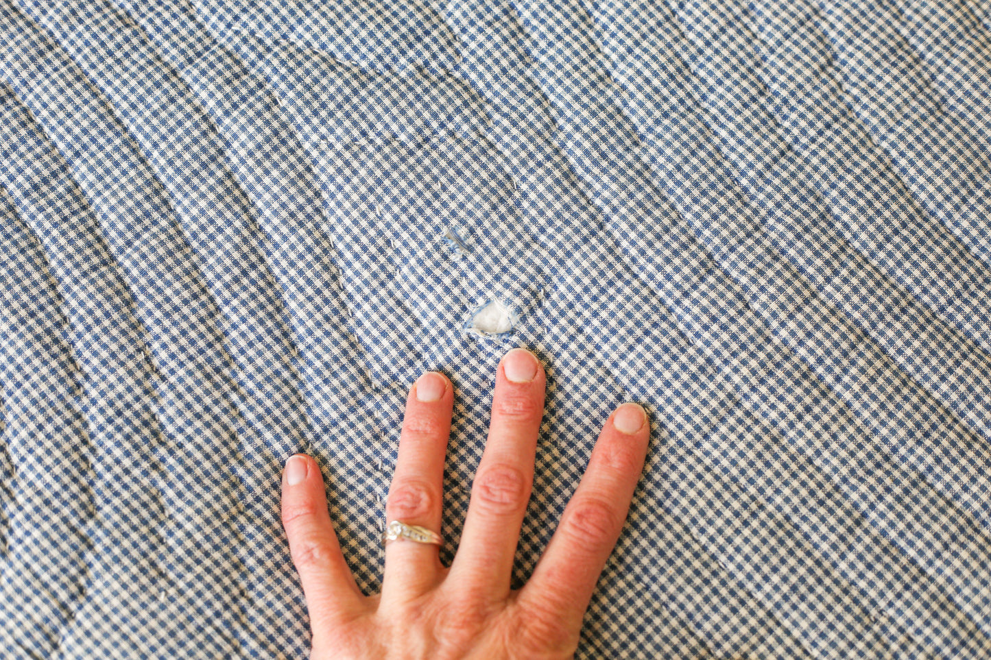 Primitive Blue and Tan Bow Tie Heavyweight Quilt, c1900