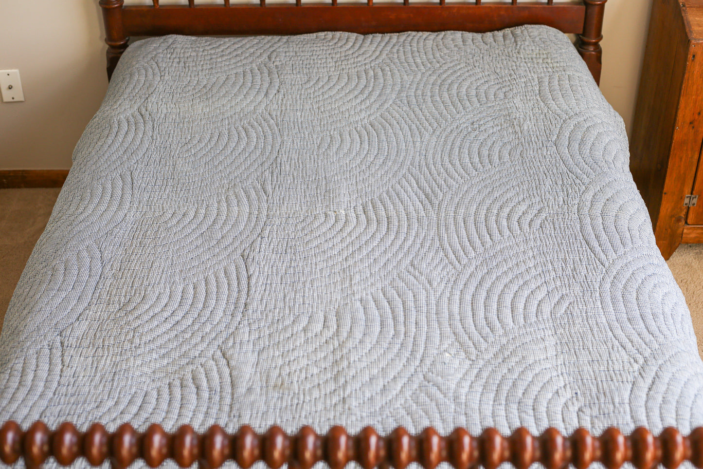 Primitive Blue and Tan Bow Tie Heavyweight Quilt, c1900
