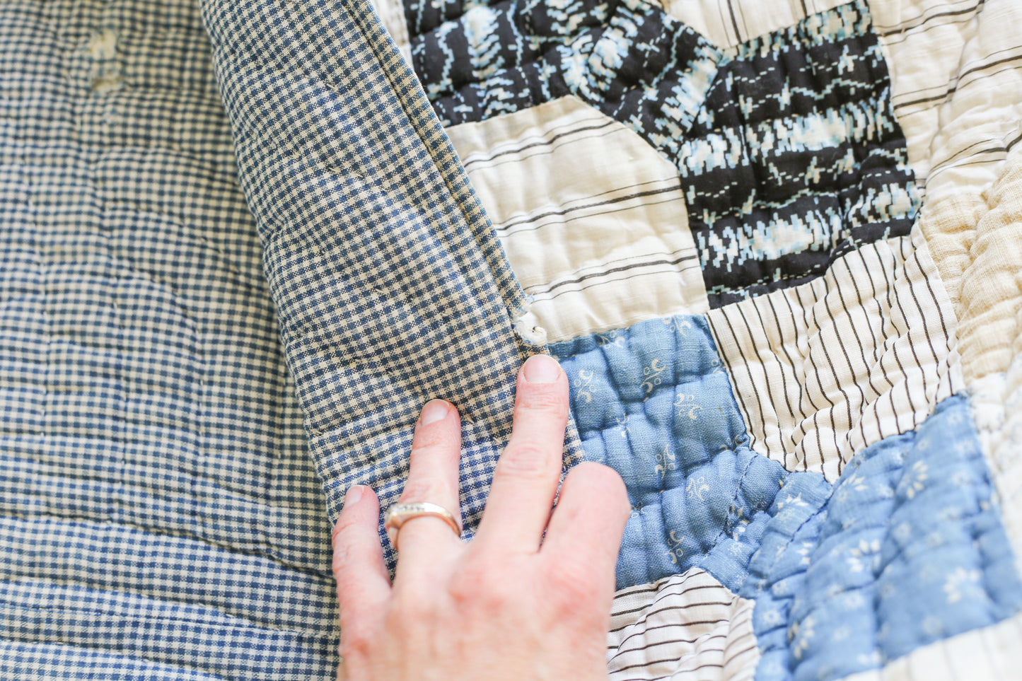 Primitive Blue and Tan Bow Tie Heavyweight Quilt, c1900