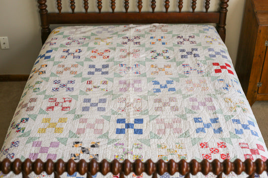 Pastel Green Nine Patch Variation Handmade Quilt, c1930