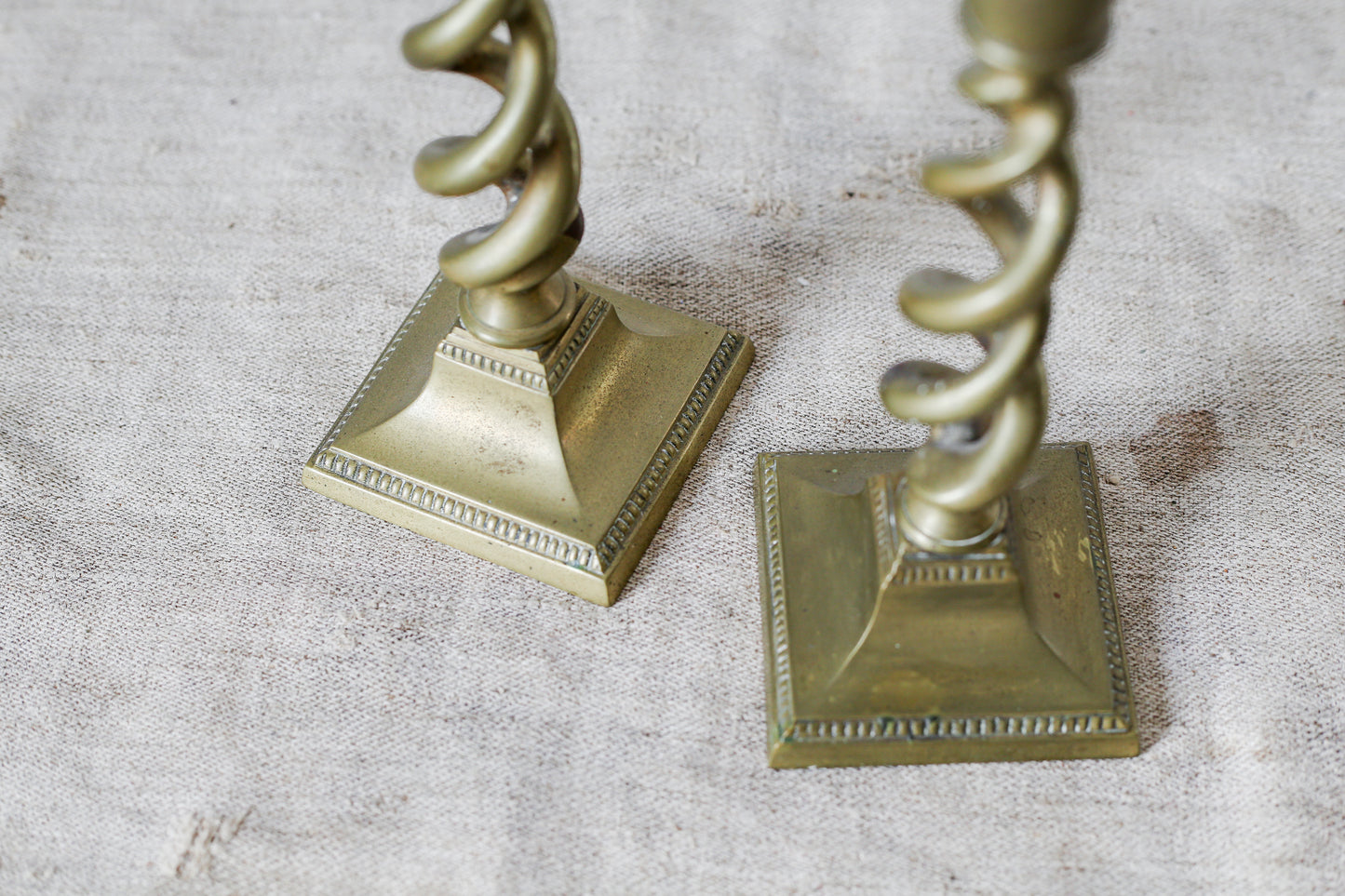 Pair of 9" English Open Barley Twist Brass Candle Holders With Square Bases