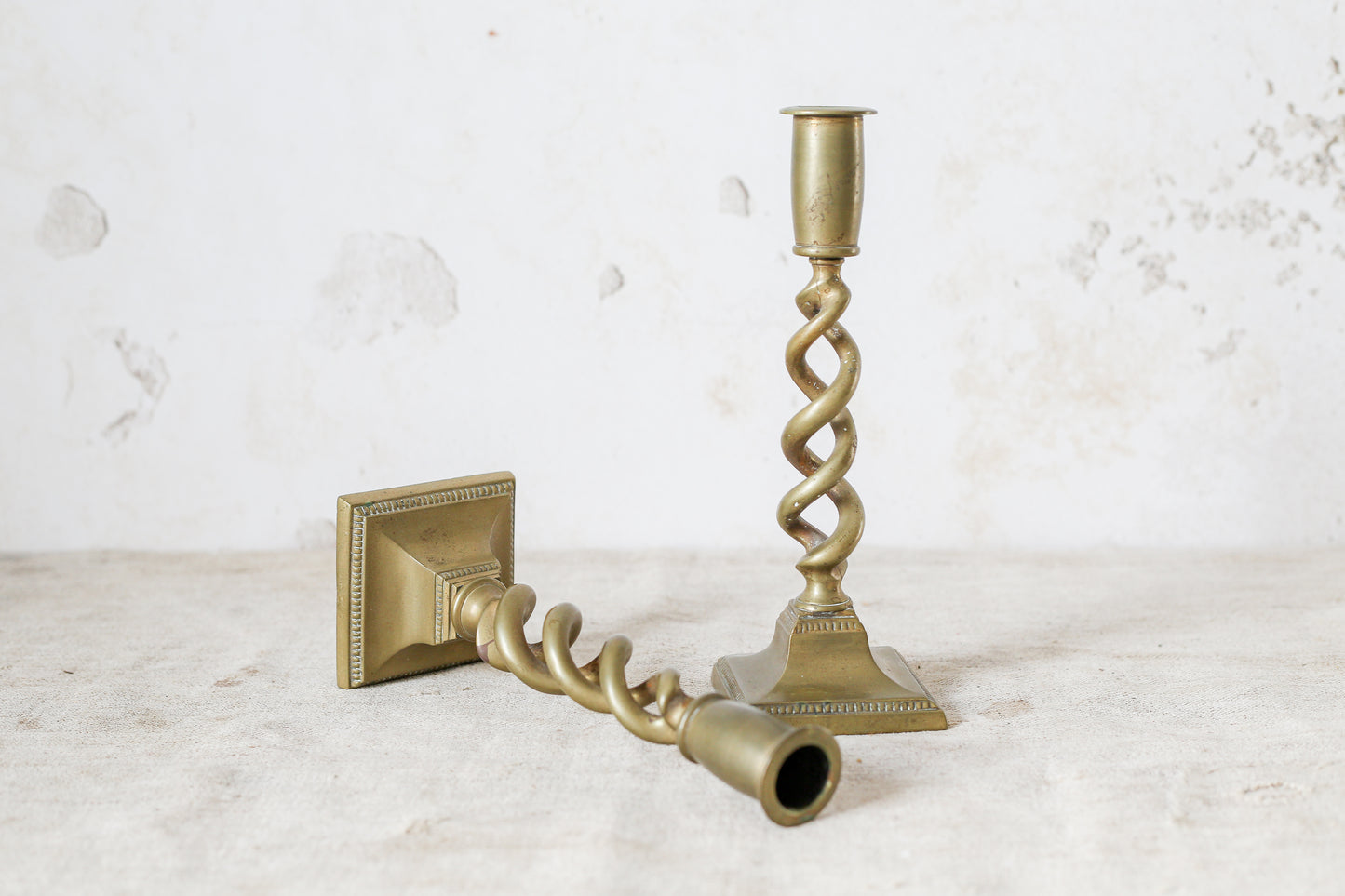 Pair of 9" English Open Barley Twist Brass Candle Holders With Square Bases