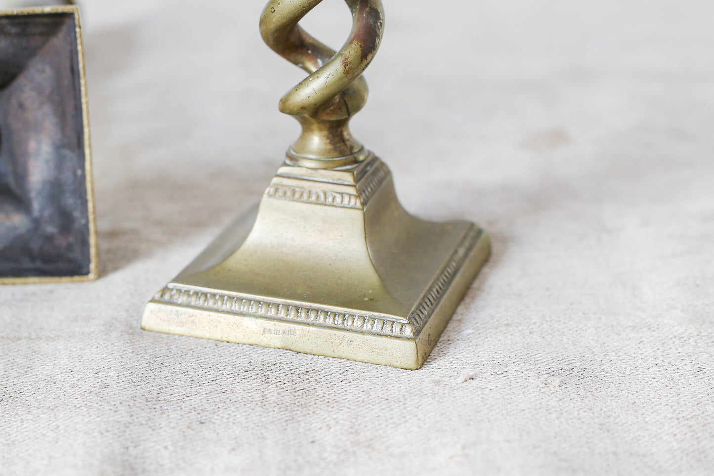 Pair of 9" English Open Barley Twist Brass Candle Holders With Square Bases