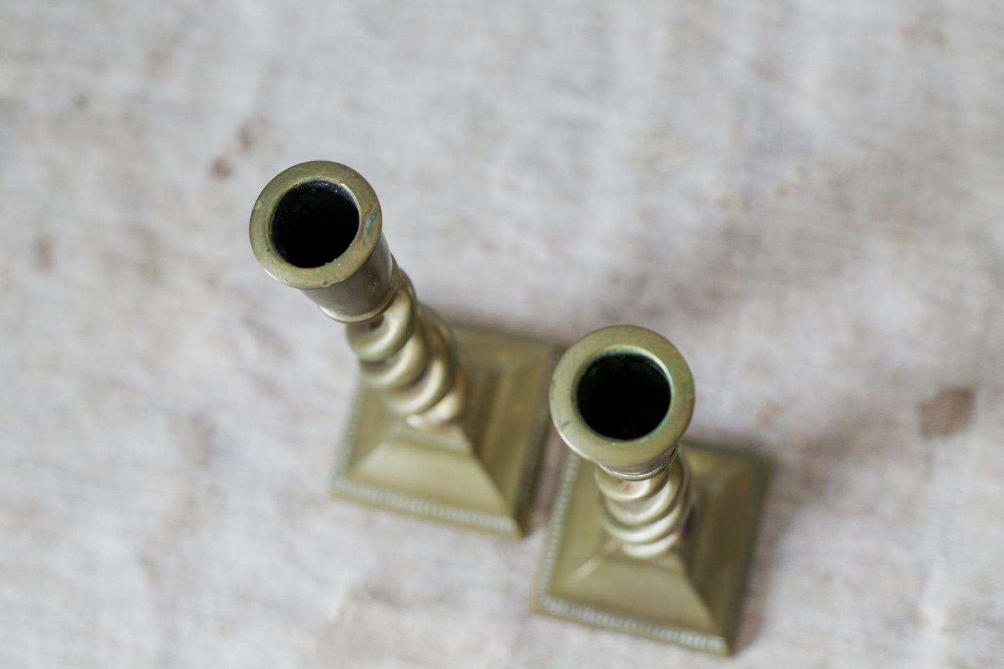Pair of 9" English Open Barley Twist Brass Candle Holders With Square Bases