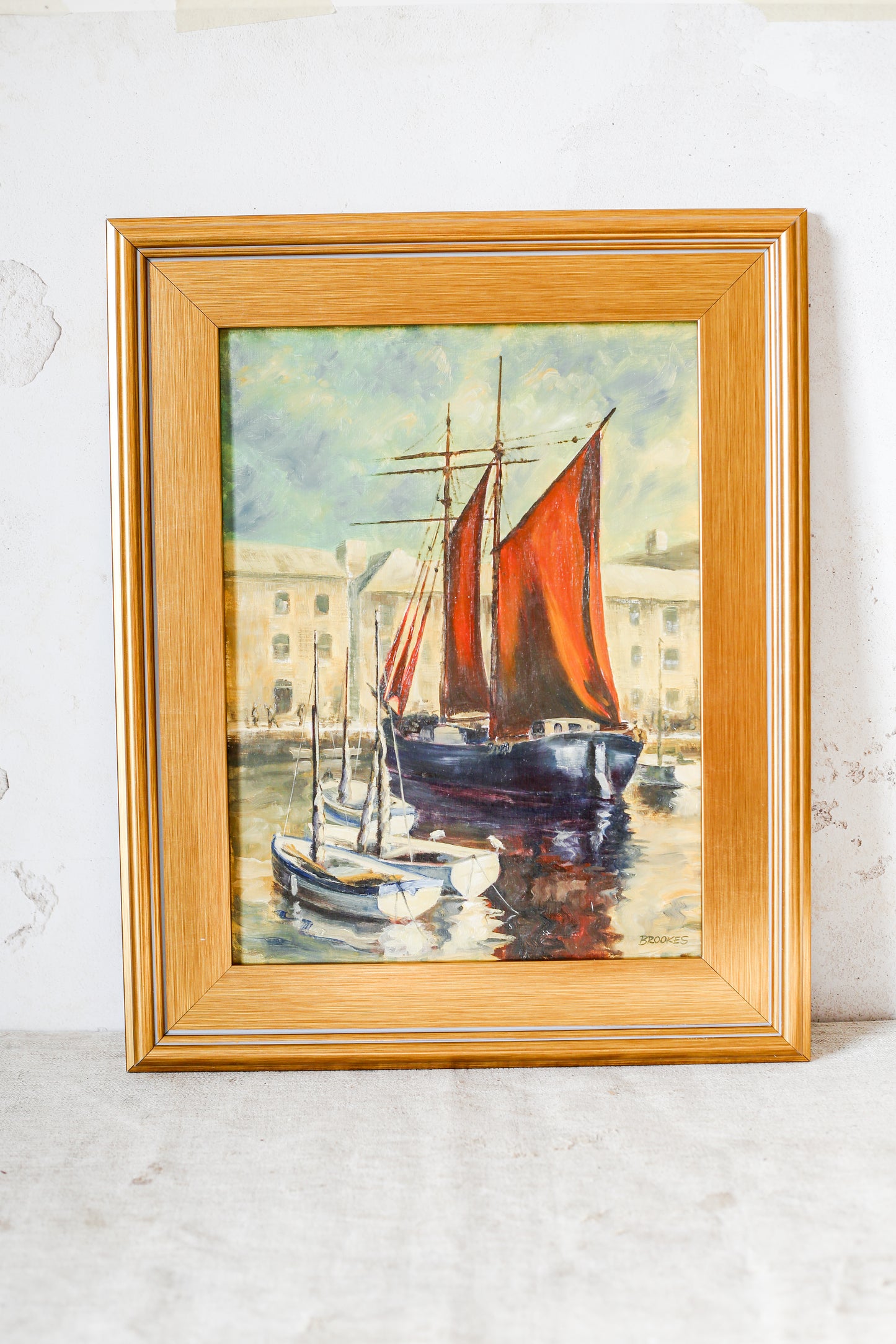 English Nautical Sailboat Painting in Gold-Tone Frame
