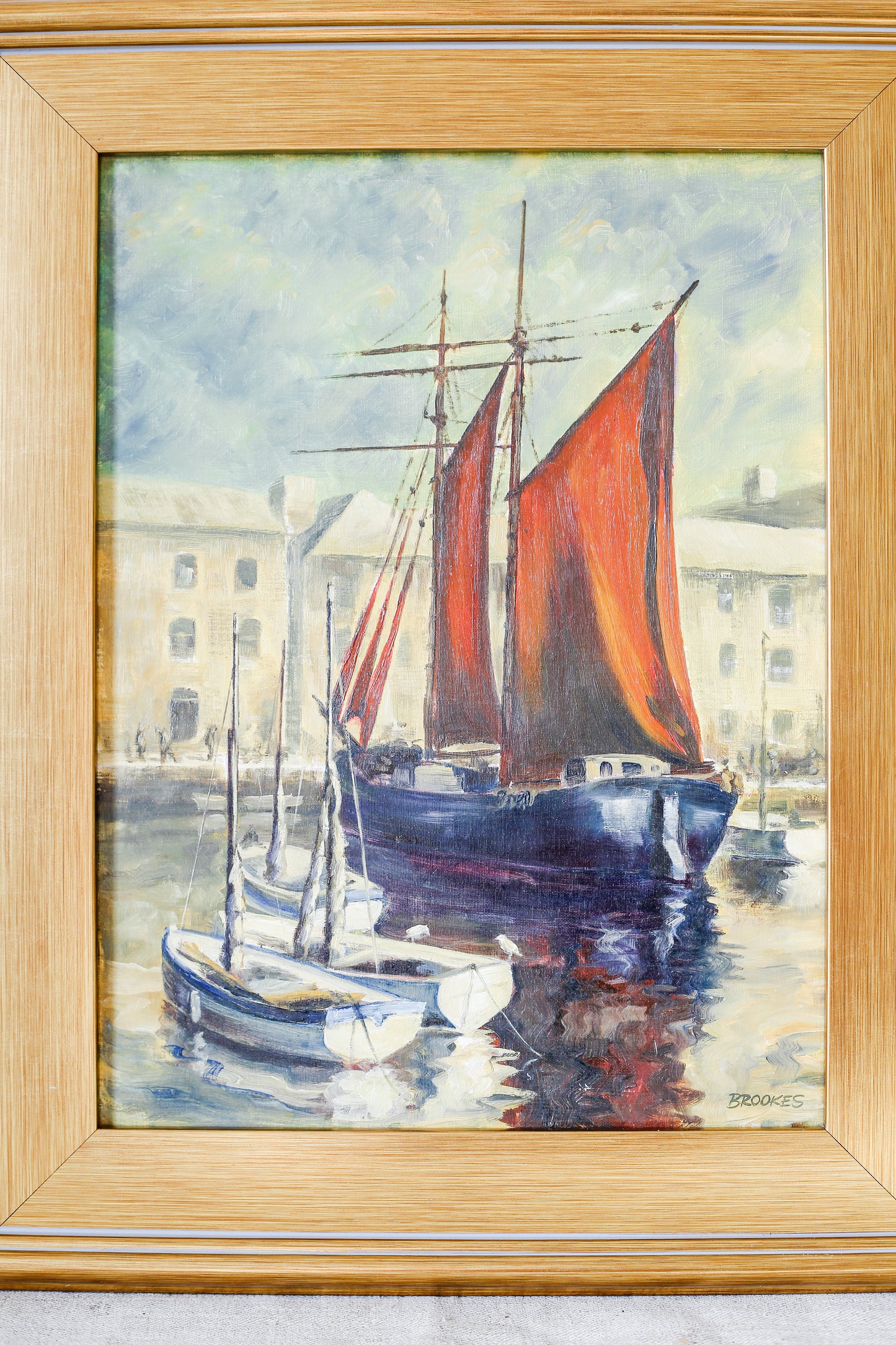 English Nautical Sailboat Painting in Gold-Tone Frame