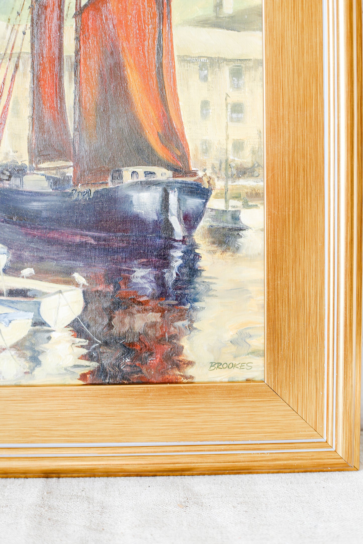 English Nautical Sailboat Painting in Gold-Tone Frame