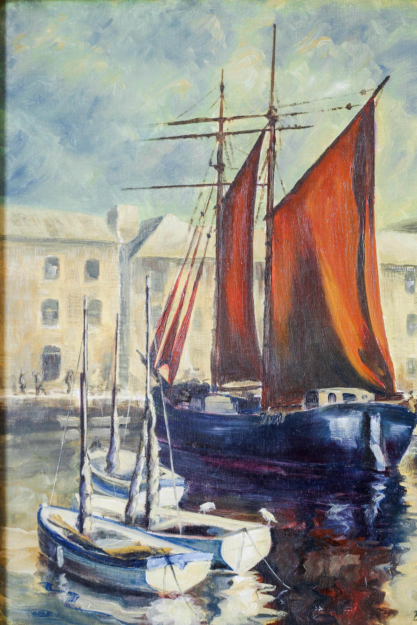 English Nautical Sailboat Painting in Gold-Tone Frame