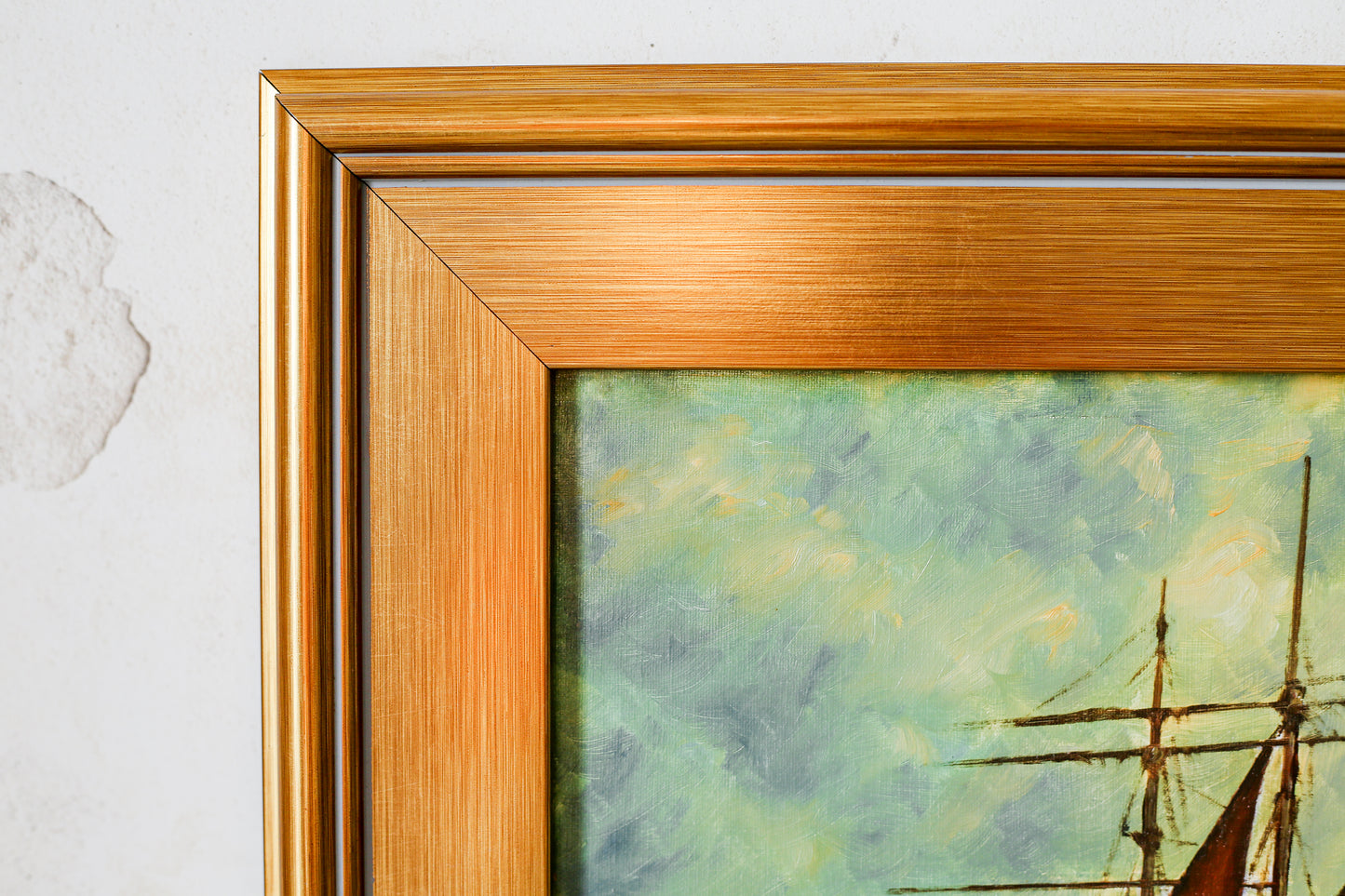 English Nautical Sailboat Painting in Gold-Tone Frame