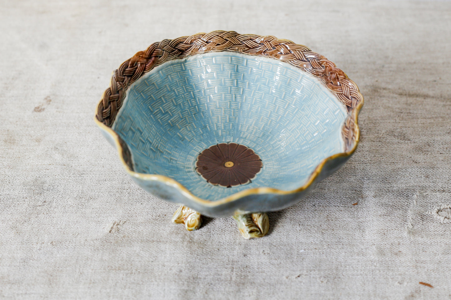 Joseph Holdcroft Majolica Basketweave Teal Bowl with Faux Bois Branch Base