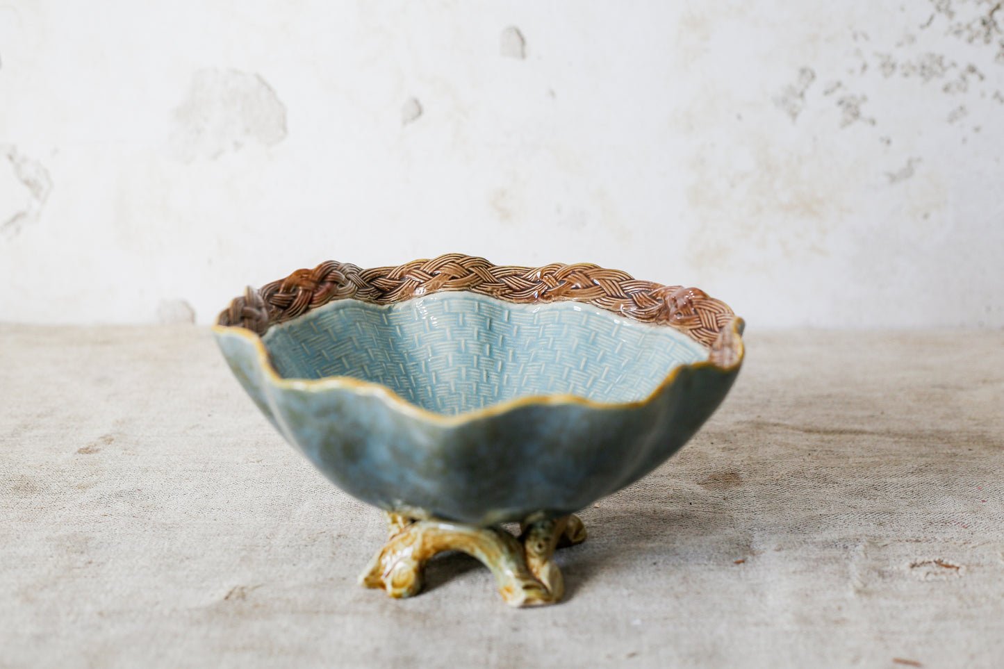 Joseph Holdcroft Majolica Basketweave Teal Bowl with Faux Bois Branch Base