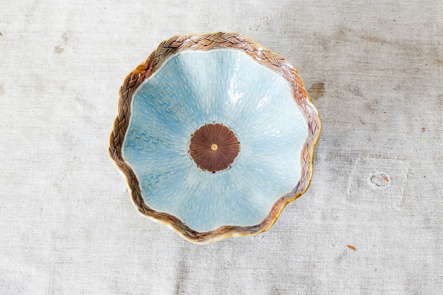 Joseph Holdcroft Majolica Basketweave Teal Bowl with Faux Bois Branch Base