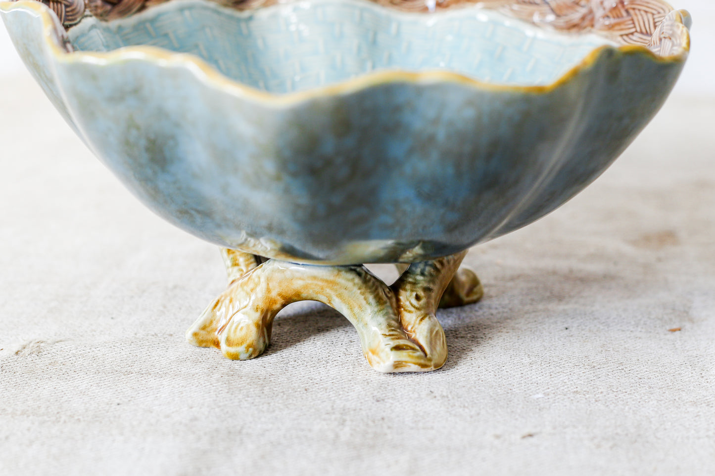Joseph Holdcroft Majolica Basketweave Teal Bowl with Faux Bois Branch Base
