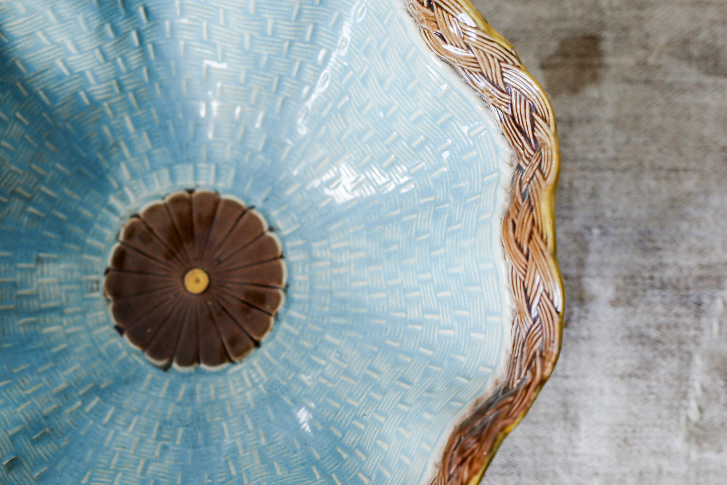 Joseph Holdcroft Majolica Basketweave Teal Bowl with Faux Bois Branch Base