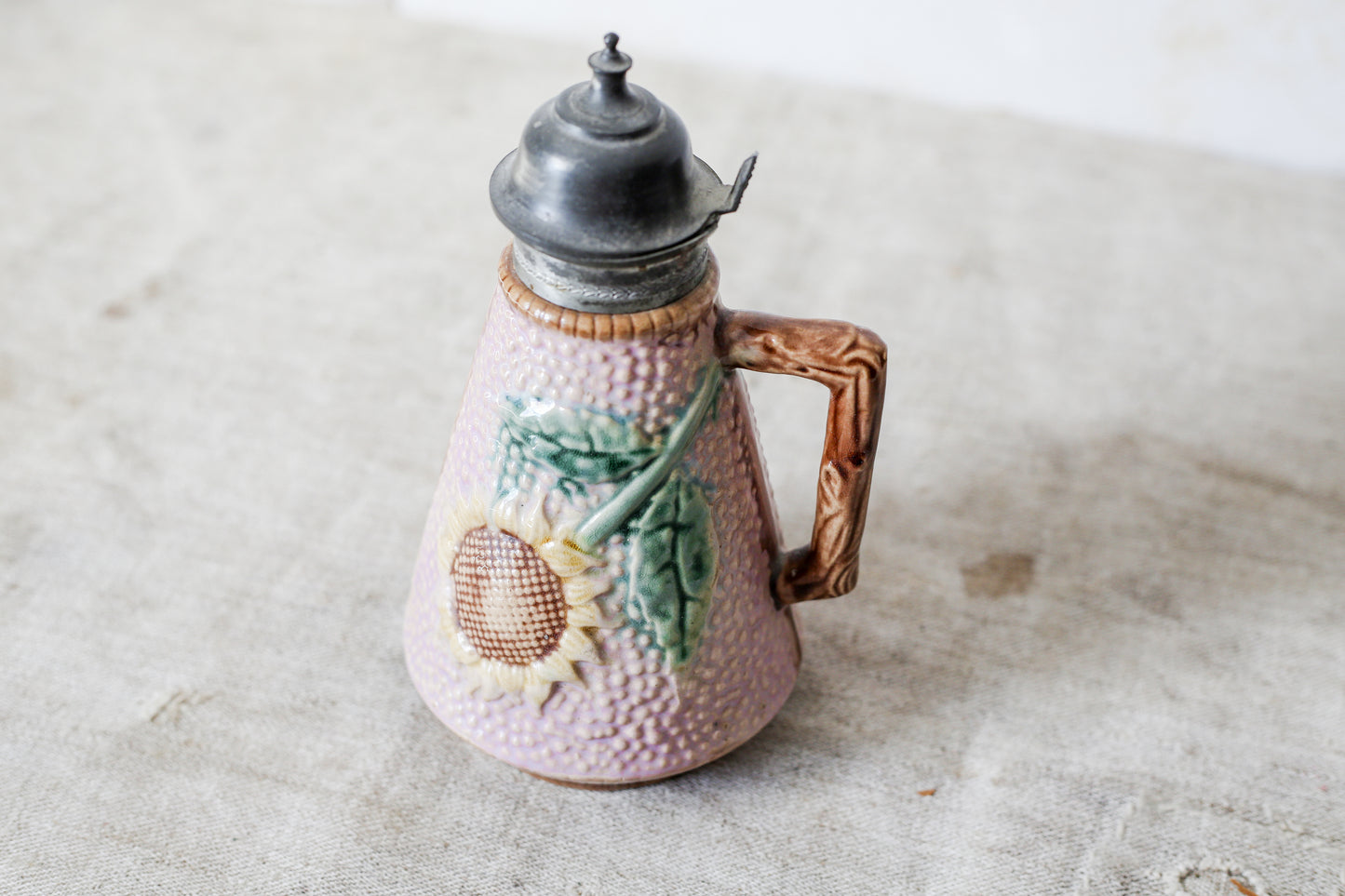 Griffin, Smith & Hill Etruscan Majolica Pink Sunflower Syrup Pitcher, c1880