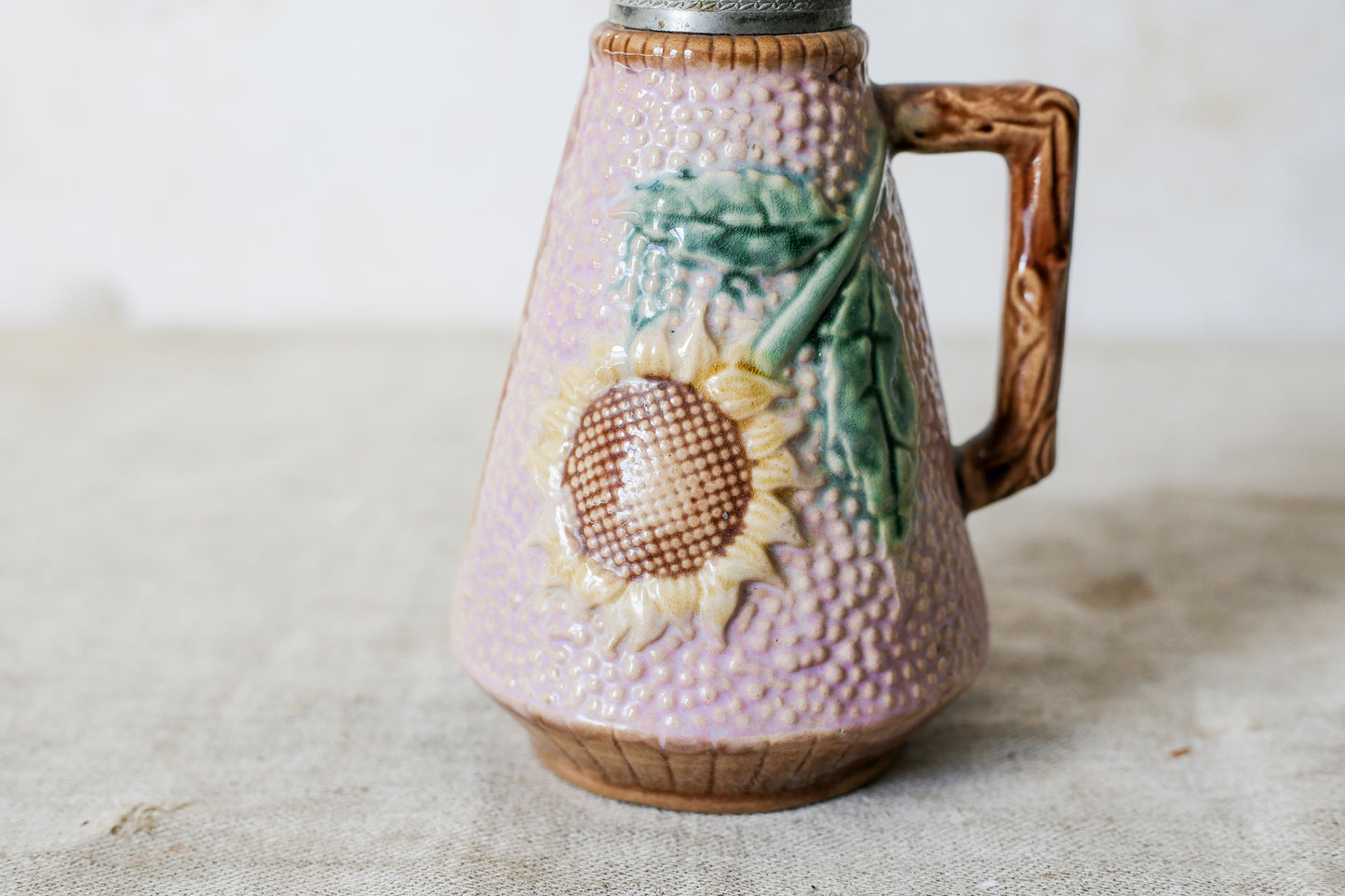 Griffin, Smith & Hill Etruscan Majolica Pink Sunflower Syrup Pitcher, c1880