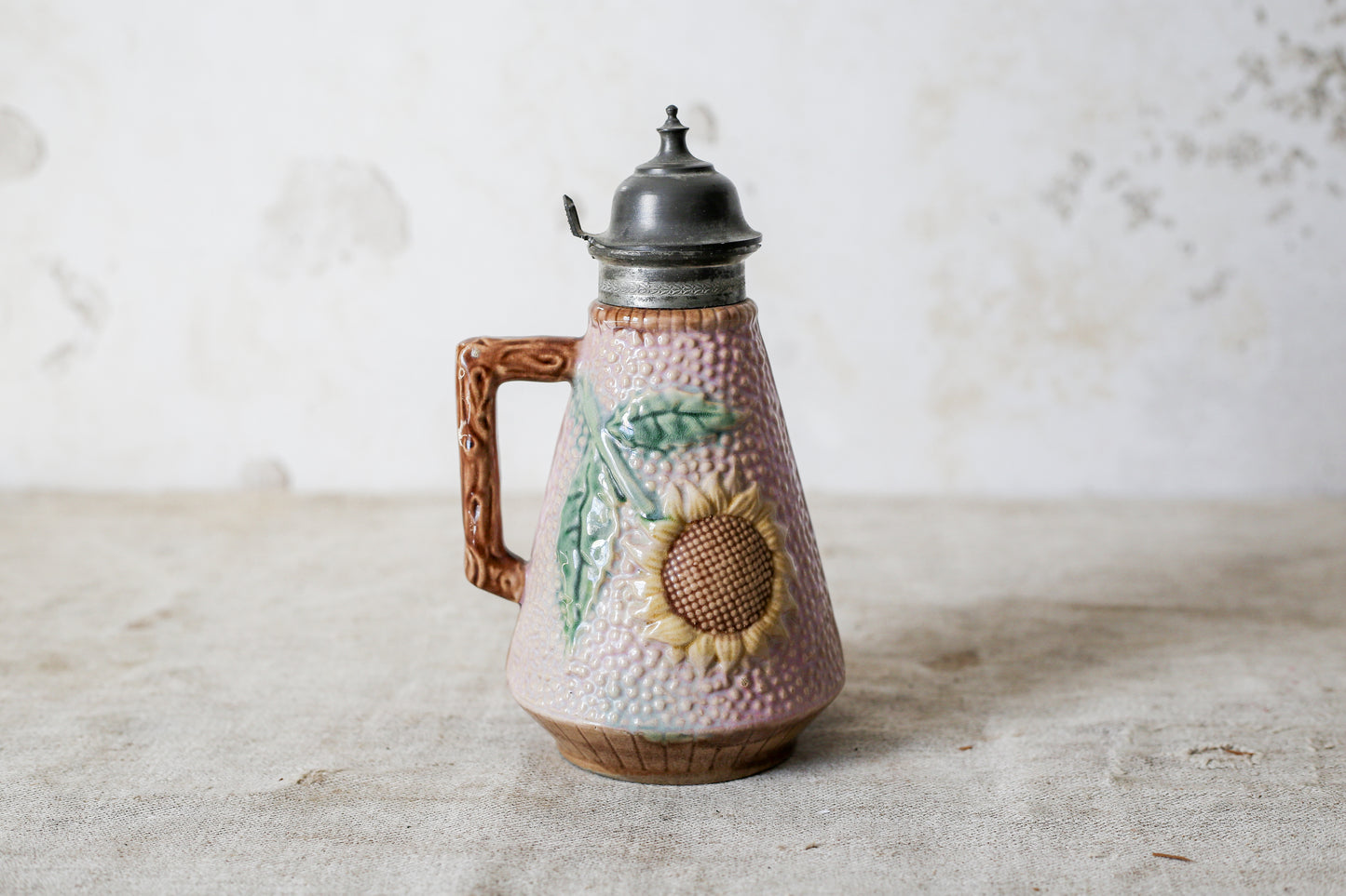 Griffin, Smith & Hill Etruscan Majolica Pink Sunflower Syrup Pitcher, c1880