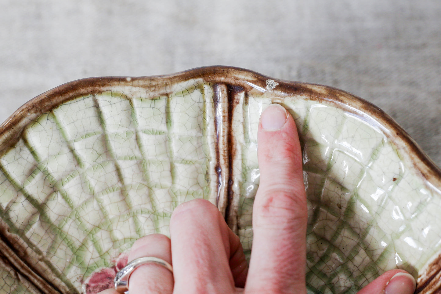 Majolica Green and Pink Begonia Basketweave Pedestal Compote Bowl