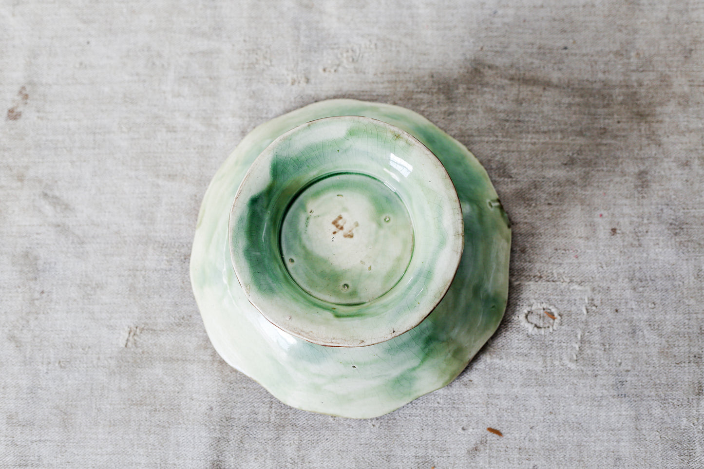 Majolica Green and Pink Begonia Basketweave Pedestal Compote Bowl